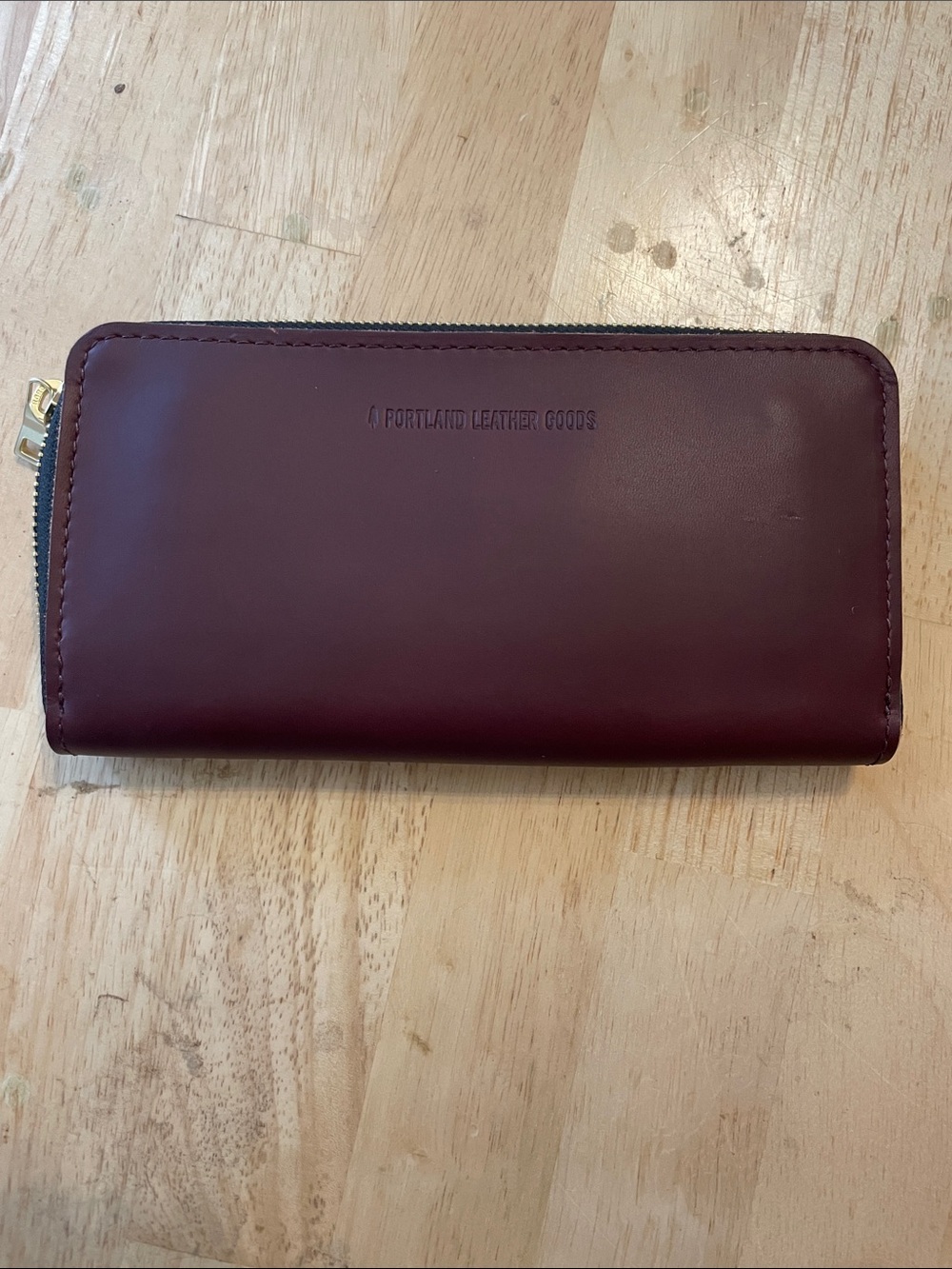 Portland Leather Deep Burgundy Zip Wallet with Gold Hardware